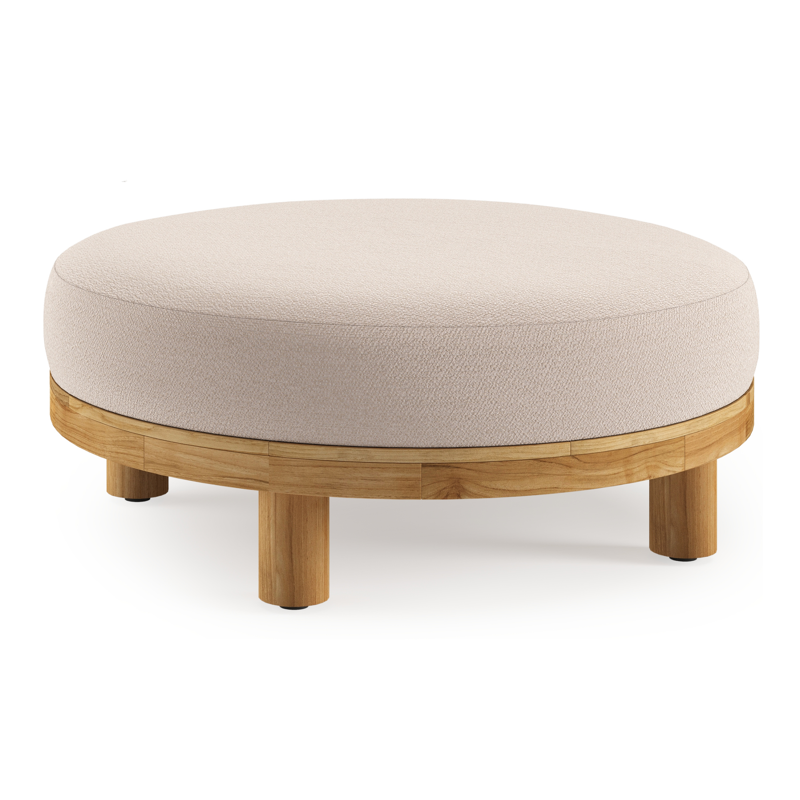 Donato lounge poef in teak en beige verticaal geweven ronde rope met all weather sunbrella® luxe Wander Pilat kussen