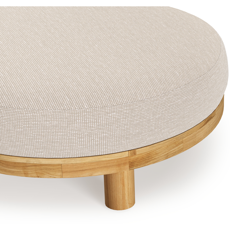 Donato lounge poef in teak en beige verticaal geweven ronde rope met all weather sunbrella® luxe Slow Farafra kussen
