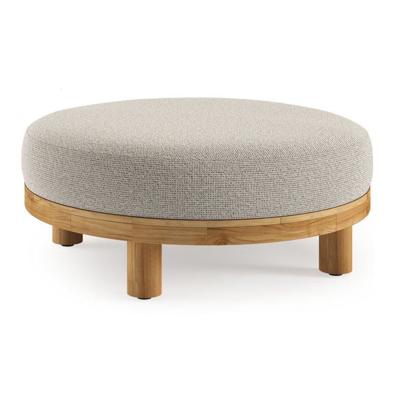 Donato lounge poef in teak en beige verticaal geweven ronde rope met all weather solica Firenze Sand kussen
