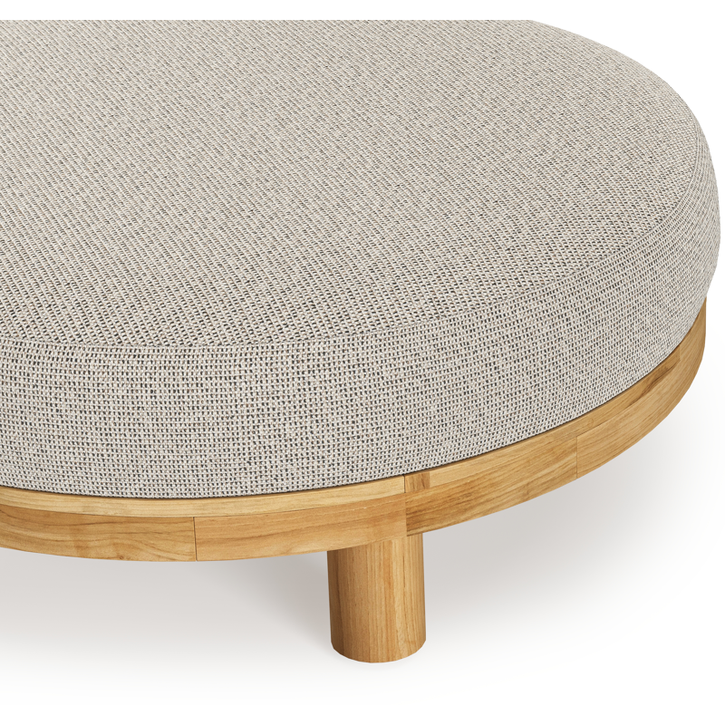 Donato lounge poef in teak en beige verticaal geweven ronde rope met all weather solica Firenze Sand kussen