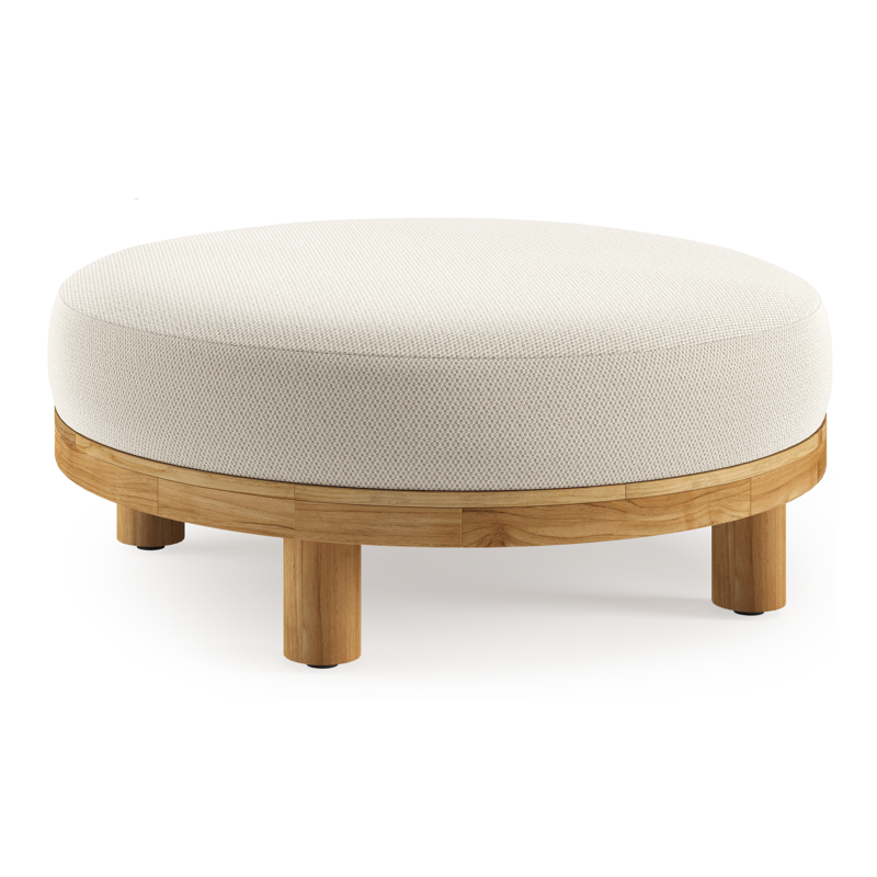 Salon de jardin pouf Donato en teck et corde ronde tissée verticalement beige et coussins en all weather sunbrella® luxe Lopi Marble
