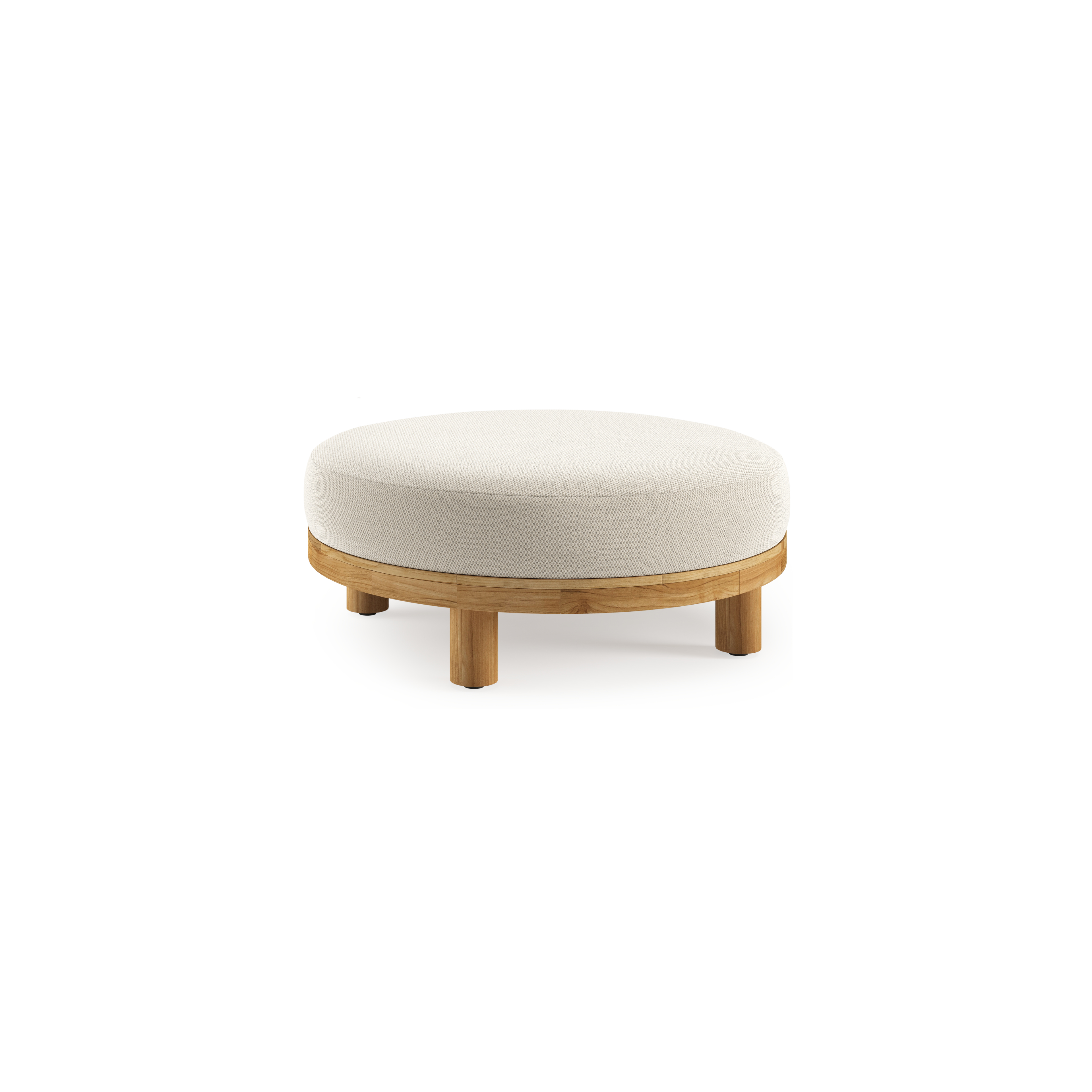 Donato lounge poef in teak en beige verticaal geweven ronde rope met all weather sunbrella® luxe Lopi Marble kussen