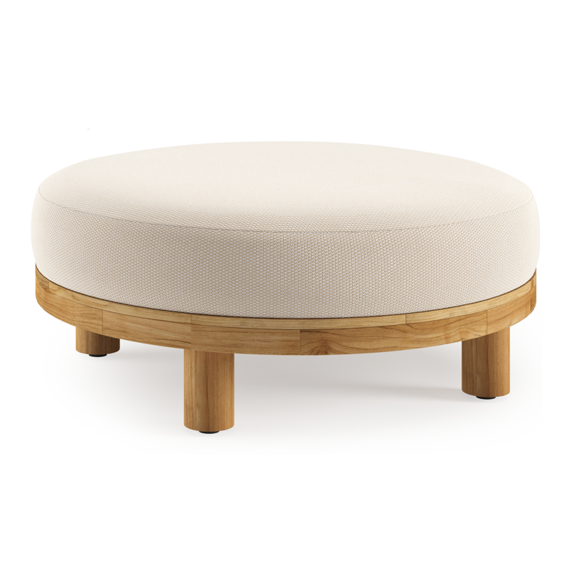Salon de jardin pouf Donato en teck et corde ronde tissée verticalement beige et coussins en all weather sunbrella® luxe Lopi Antique