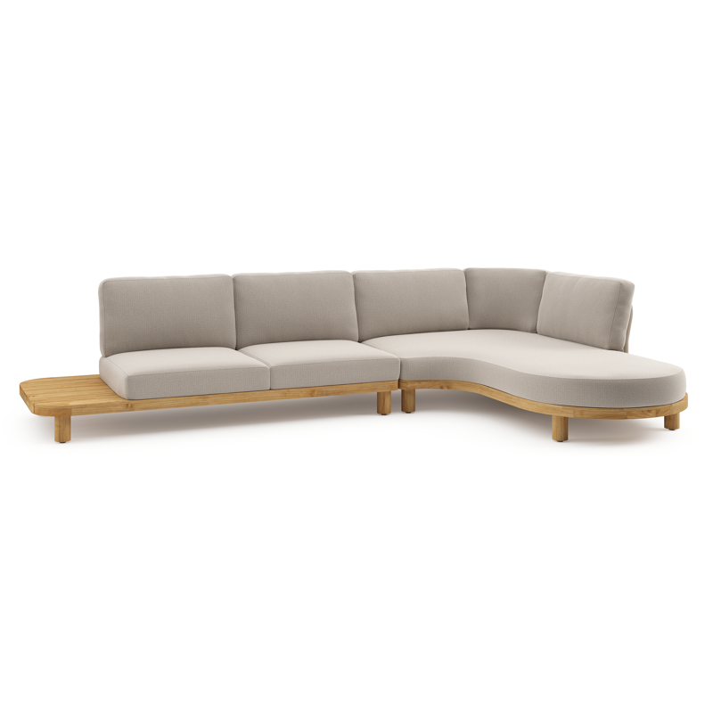 Salon de jardin d'angle Donato en teck et corde ronde tissée verticalement beige et coussins en all weather sunbrella® luxe Lopi Fossil