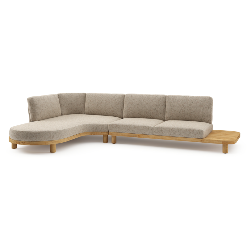 Salon de jardin d'angle Donato en teck et corde ronde tissée verticalement beige et coussins en all weather cosytica Bora Jungle