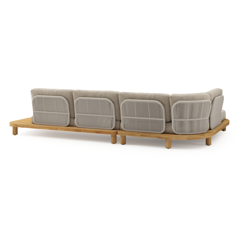 Salon de jardin d'angle Donato en teck et corde ronde tissée verticalement beige et coussins en all weather cosytica Bora Jungle