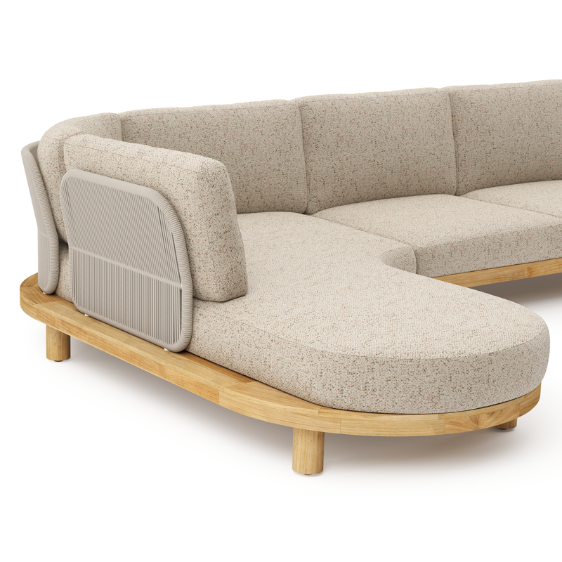 Salon de jardin d'angle Donato en teck et corde ronde tissée verticalement beige et coussins en all weather cosytica Bora Jungle