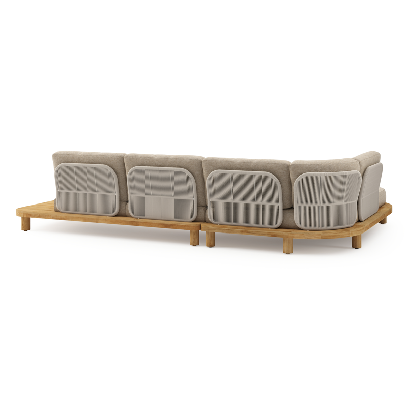 Salon de jardin d'angle Donato en teck et corde ronde tissée verticalement beige et coussins en all weather cosytica Madagascar Oak