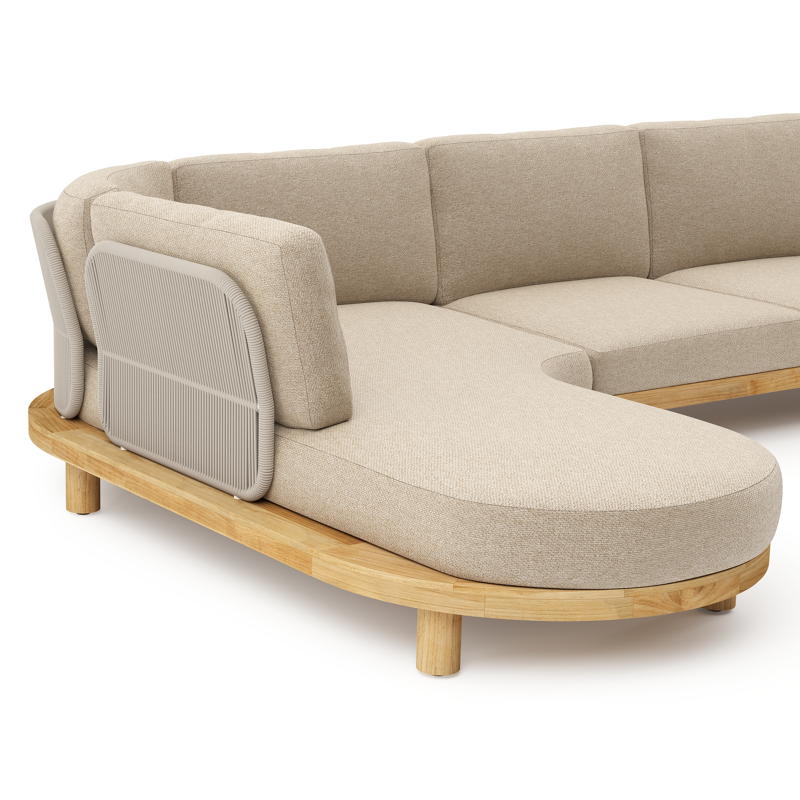 Salon de jardin d'angle Donato en teck et corde ronde tissée verticalement beige et coussins en all weather cosytica Madagascar Oak