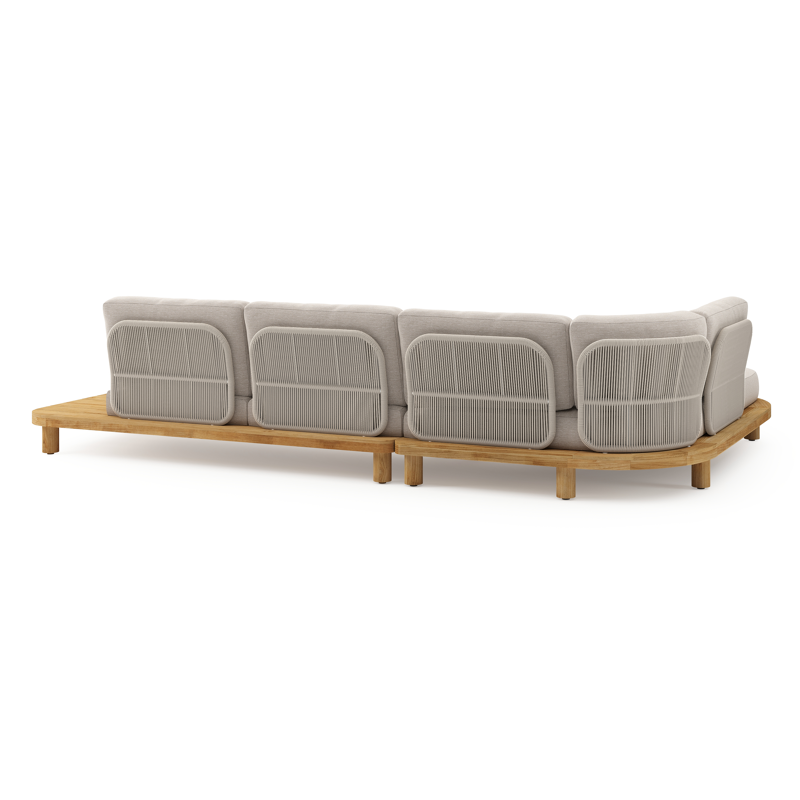 Salon de jardin d'angle Donato en teck et corde ronde tissée verticalement beige et coussins en all weather sunbrella® luxe Slow Farafra