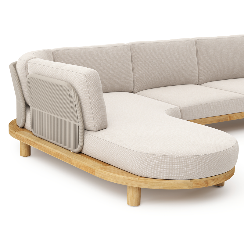 Salon de jardin d'angle Donato en teck et corde ronde tissée verticalement beige et coussins en all weather sunbrella® luxe Slow Farafra