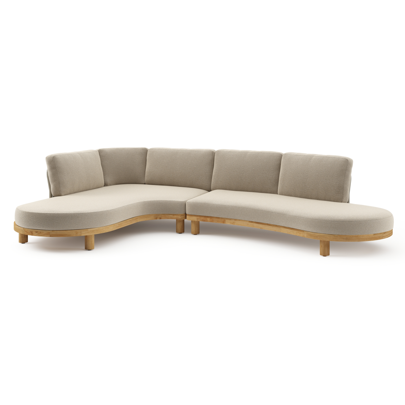 Donato loungehoek in teak en beige verticaal geweven ronde rope met all weather cosytica Marbella Sand kussen