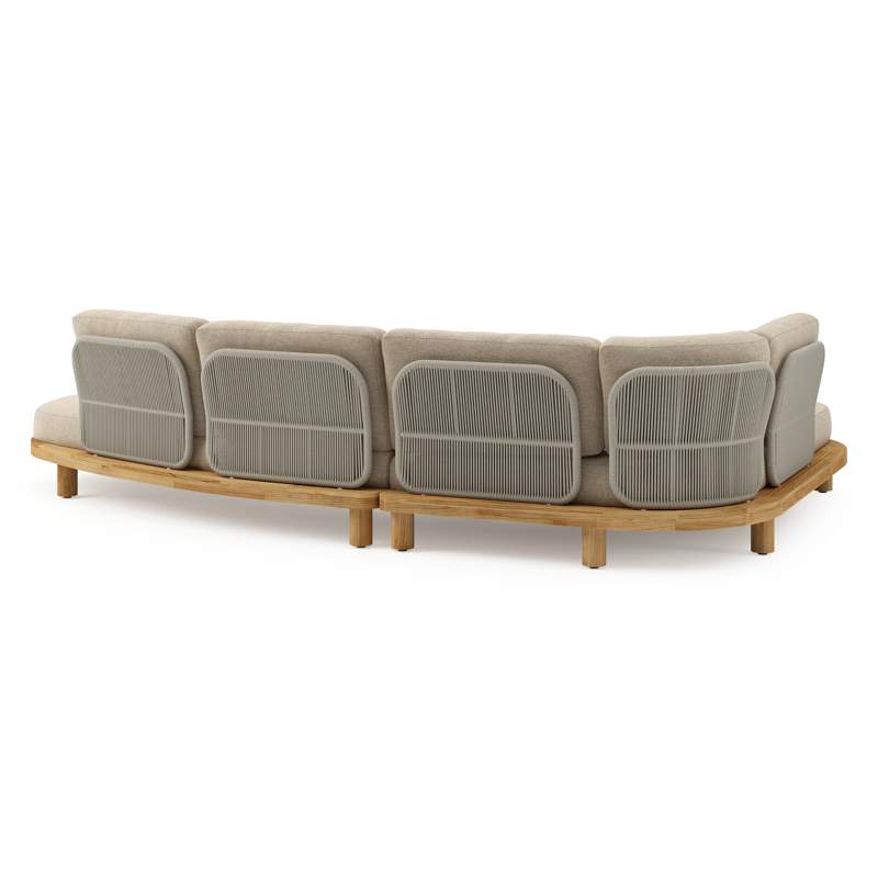 Donato loungehoek in teak en beige verticaal geweven ronde rope met all weather cosytica Madagascar Oak kussen
