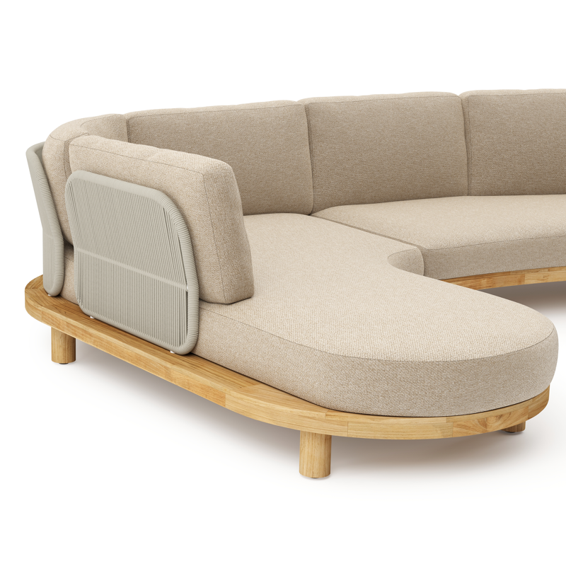 Donato loungehoek in teak en beige verticaal geweven ronde rope met all weather cosytica Madagascar Oak kussen