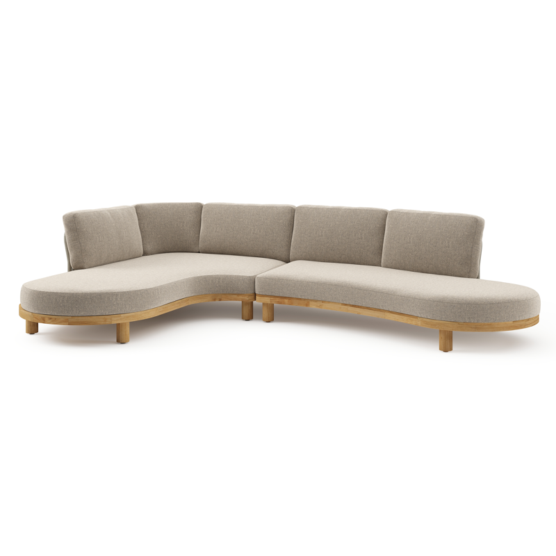 Donato loungehoek in teak en beige verticaal geweven ronde rope met all weather sunbrella® luxe Chartres Pewter kussen
