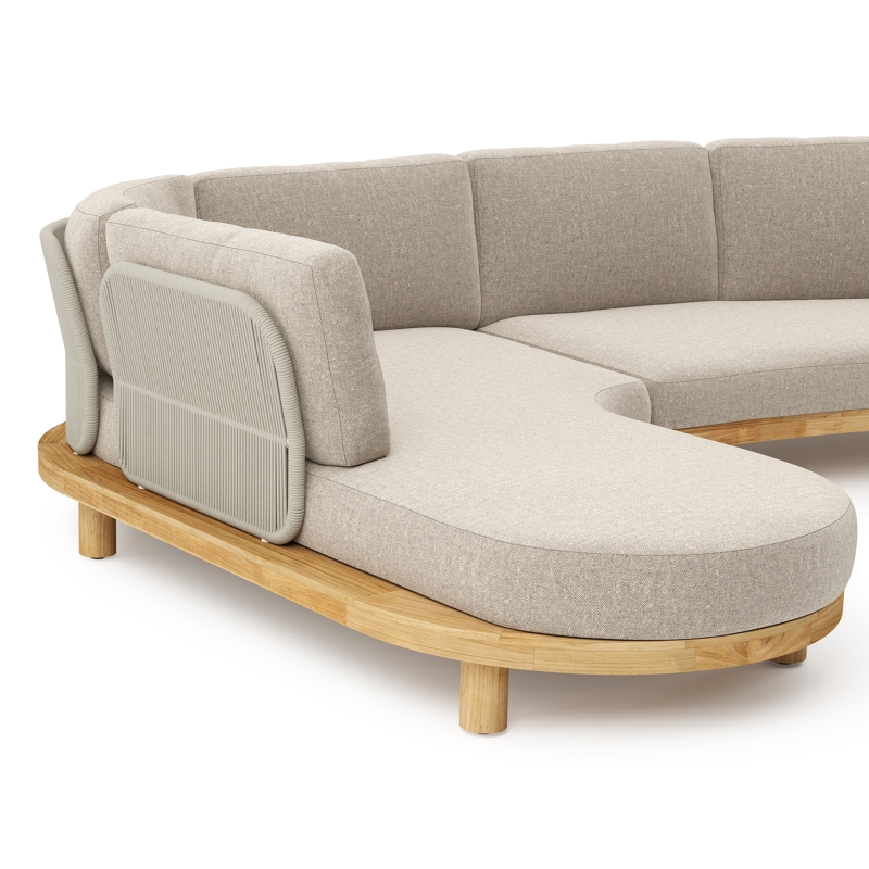 Donato loungehoek in teak en beige verticaal geweven ronde rope met all weather sunbrella® luxe Chartres Pewter kussen