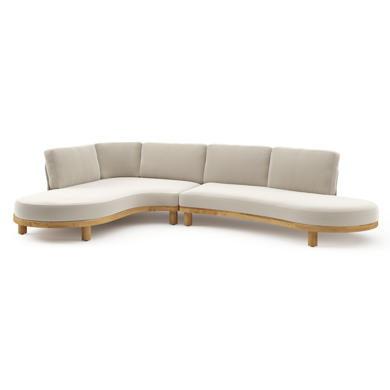 Donato loungehoek in teak en beige verticaal geweven ronde rope met all weather sunbrella® luxe Lopi Marble kussen