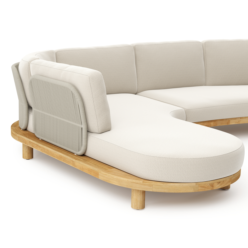 Donato loungehoek in teak en beige verticaal geweven ronde rope met all weather sunbrella® luxe Lopi Marble kussen