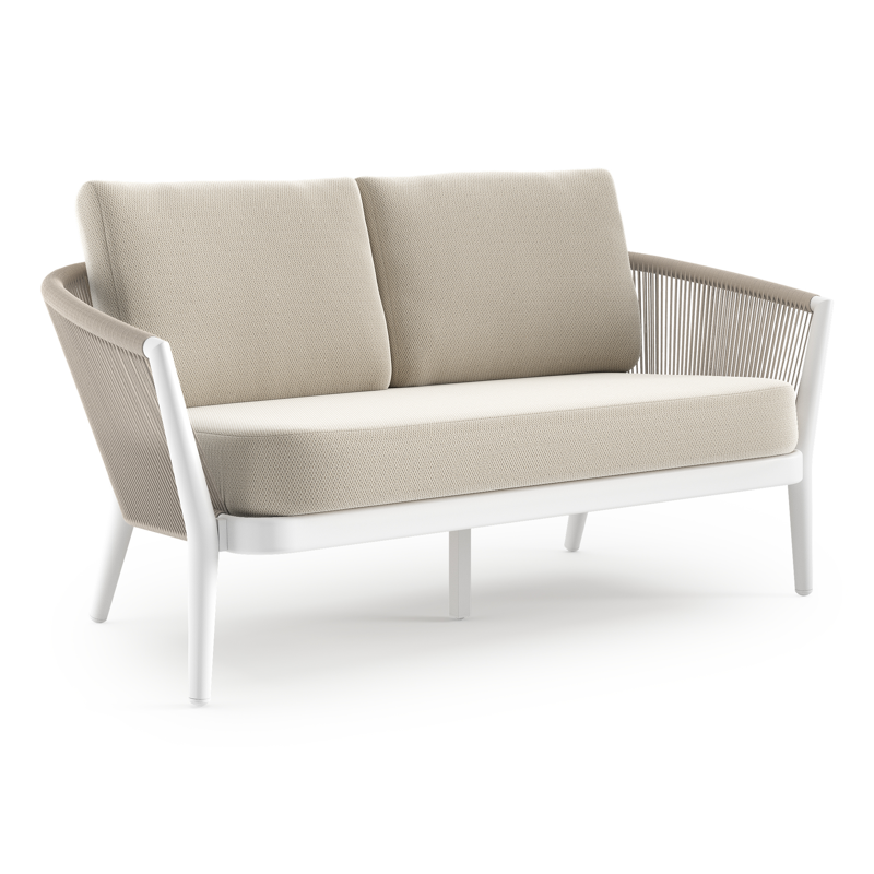 Orso loungebank in wit aluminium en beige verticaal geweven ronde rope met Lopi Marble All Weather Sunbrella® luxe kussen