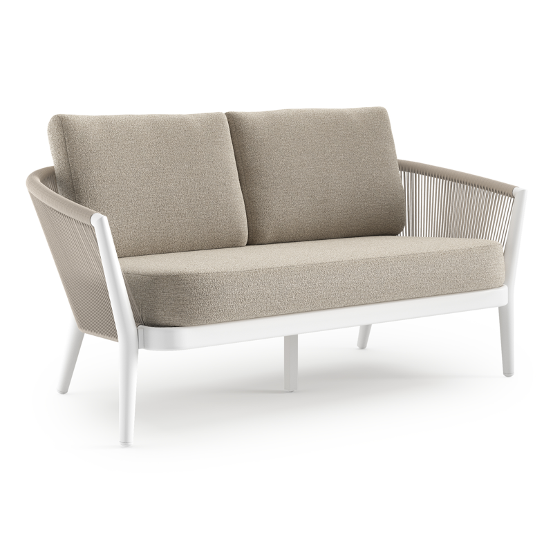 Canapé de jardin Orso en aluminium blanc en corde ronde tissée verticalement beige et coussins en all weather cosytica Catania Greige