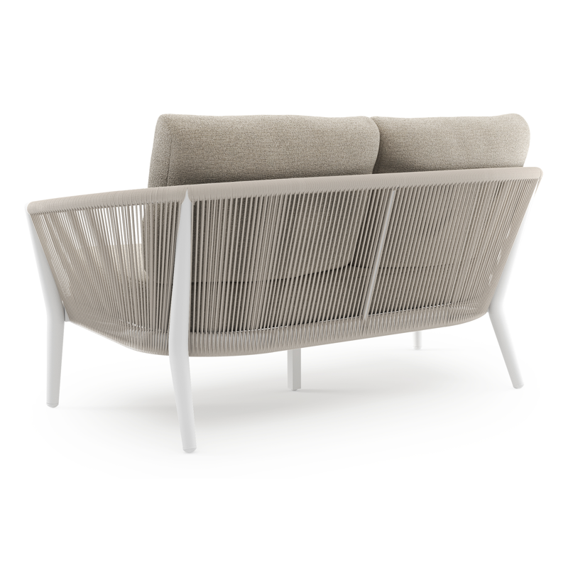 Canapé de jardin Orso en aluminium blanc en corde ronde tissée verticalement beige et coussins en all weather cosytica Catania Greige