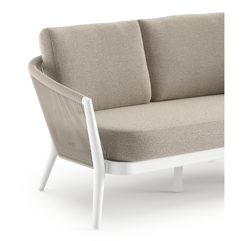 Canapé de jardin Orso en aluminium blanc en corde ronde tissée verticalement beige et coussins en all weather cosytica Catania Greige