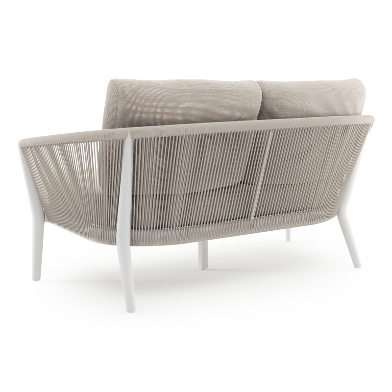 Canapé de jardin Orso en aluminium blanc en corde ronde tissée verticalement beige et coussins en all weather sunbrella® luxe Slow Farafra