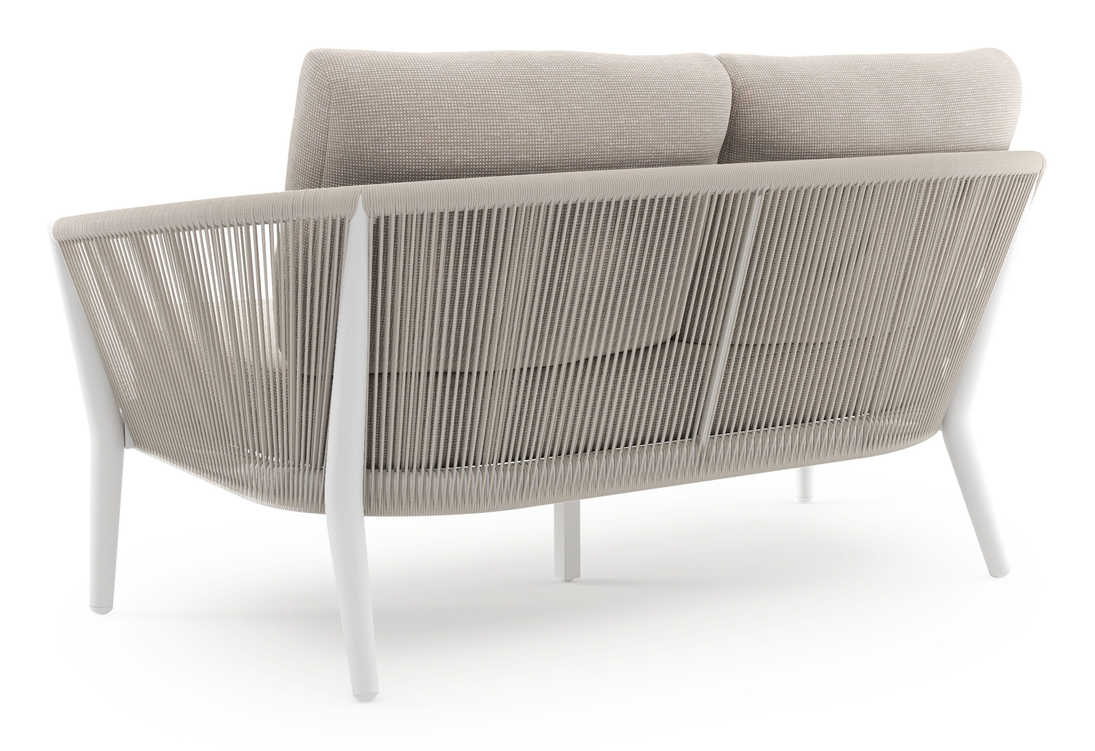 Canapé de jardin Orso en aluminium blanc en corde ronde tissée verticalement beige et coussins en all weather sunbrella® luxe Slow Farafra