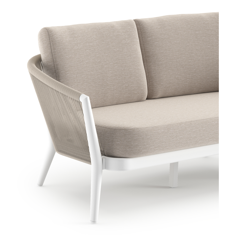 Canapé de jardin Orso en aluminium blanc en corde ronde tissée verticalement beige et coussins en all weather sunbrella® luxe Slow Farafra