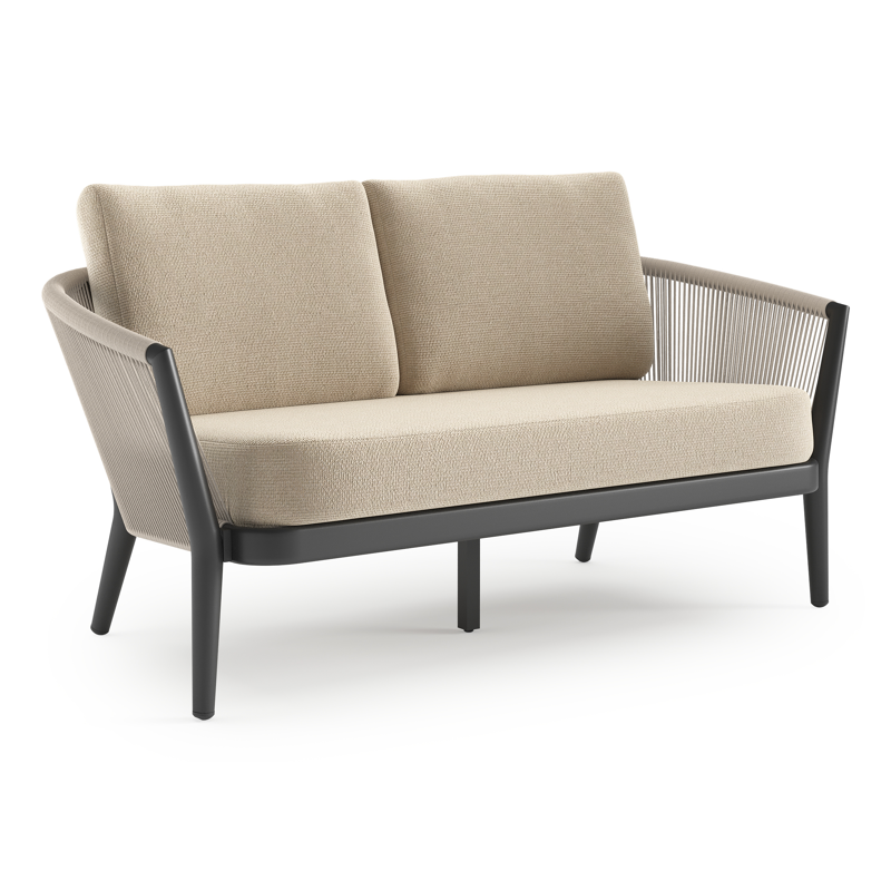 Canapé de jardin Orso en aluminium noir en corde ronde tissée verticalement beige et coussins en all weather cosytica Althea Chalk