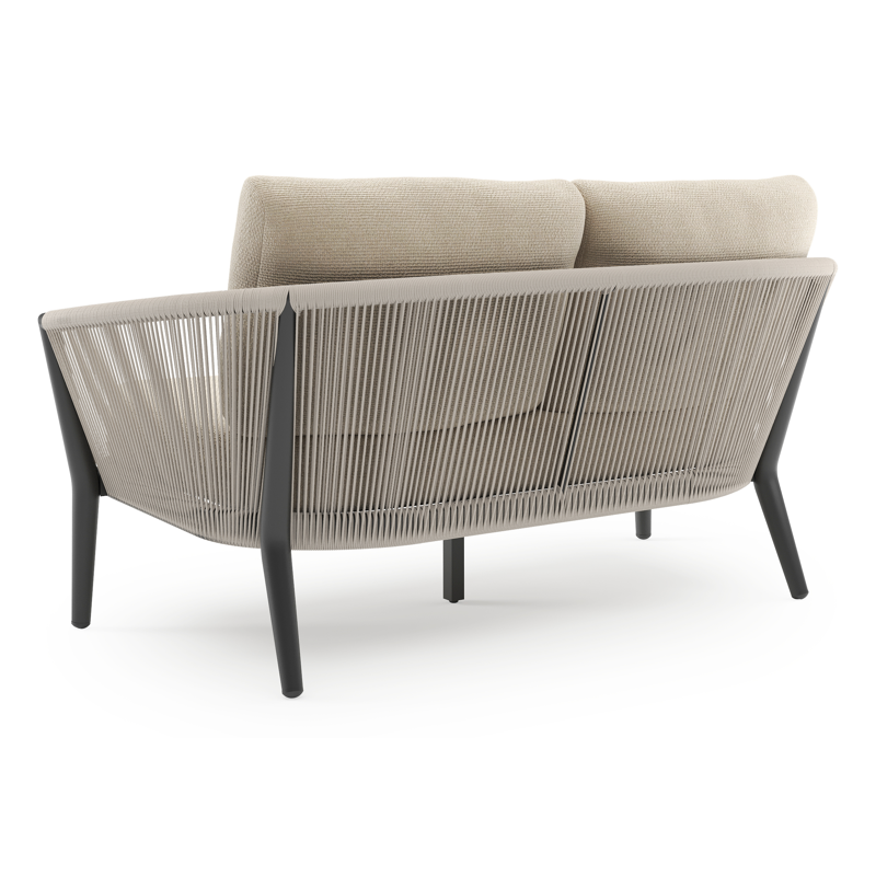 Canapé de jardin Orso en aluminium noir en corde ronde tissée verticalement beige et coussins en all weather cosytica Althea Chalk