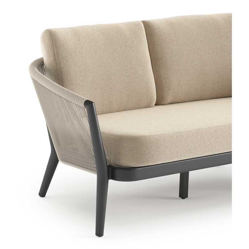 Canapé de jardin Orso en aluminium noir en corde ronde tissée verticalement beige et coussins en all weather cosytica Althea Chalk