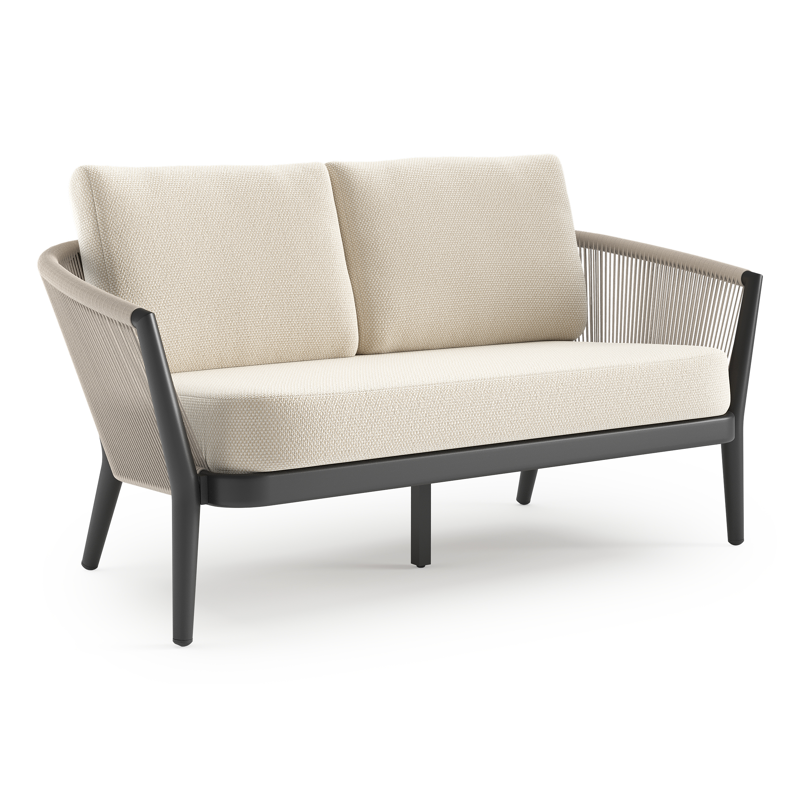 Canapé de jardin Orso en aluminium noir en corde ronde tissée verticalement beige et coussins en all weather cosytica Althea Off White