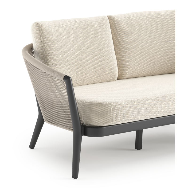 Canapé de jardin Orso en aluminium noir en corde ronde tissée verticalement beige et coussins en all weather cosytica Althea Off White