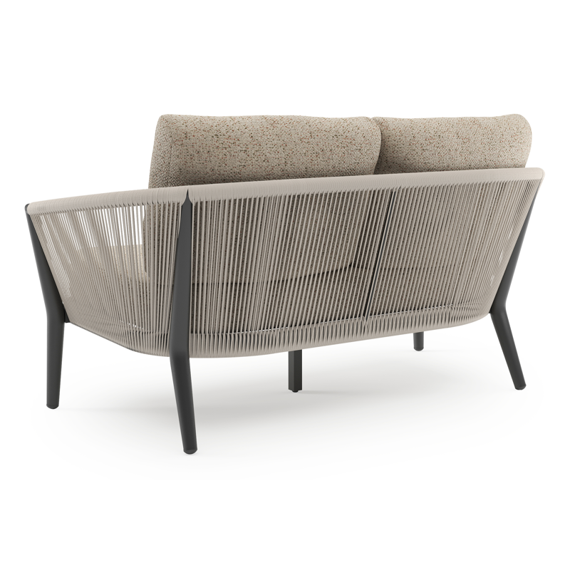 Canapé de jardin Orso en aluminium noir en corde ronde tissée verticalement beige et coussins en all weather cosytica Bora Jungle