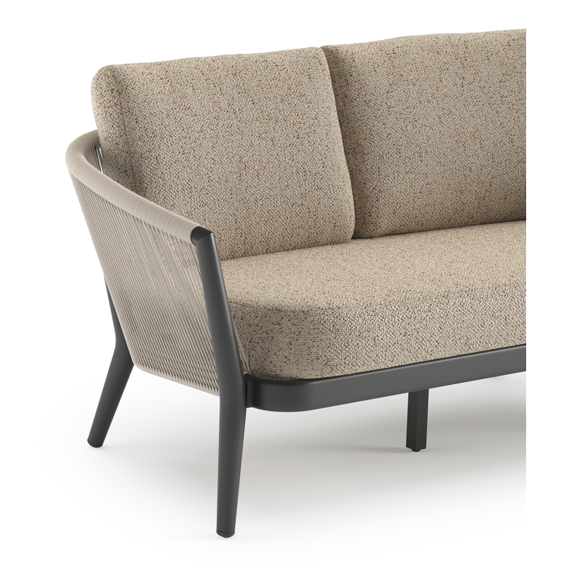 Canapé de jardin Orso en aluminium noir en corde ronde tissée verticalement beige et coussins en all weather cosytica Bora Jungle