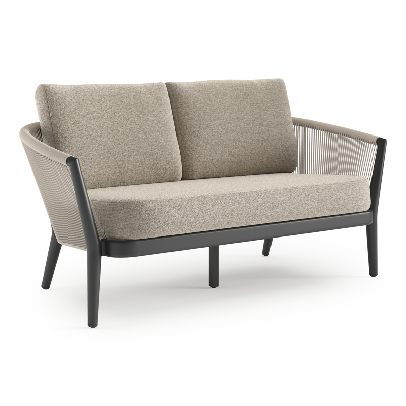 Orso loungebank in zwart aluminium en beige verticaal geweven ronde rope met Catania Sand All Weather Cosytica kussen