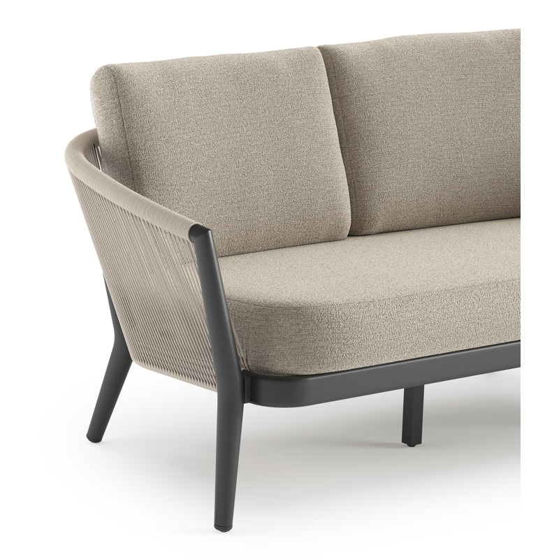 Orso loungebank in zwart aluminium en beige verticaal geweven ronde rope met Catania Sand All Weather Cosytica kussen
