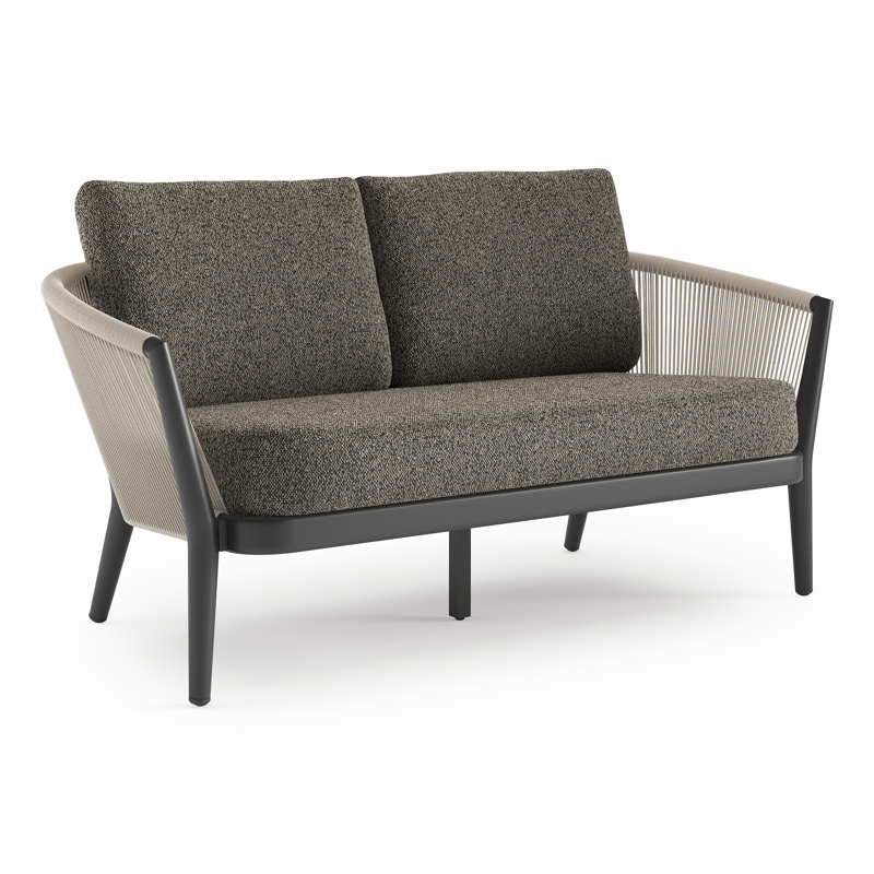 Orso loungebank in zwart aluminium en beige verticaal geweven ronde rope met Marbella Tunder all weather cosytica kussen