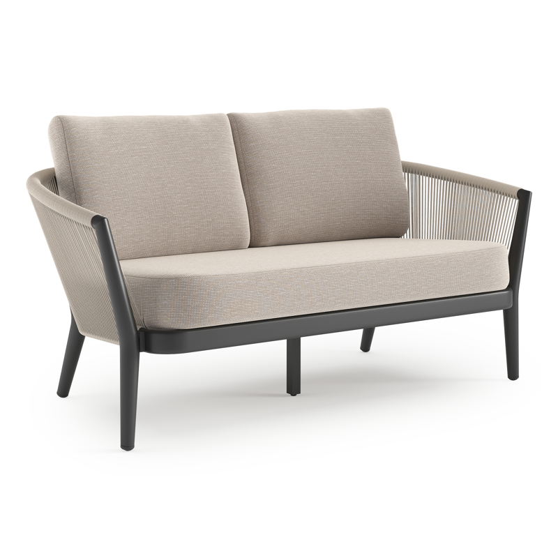 Canapé de jardin Orso en aluminium noir en corde ronde tissée verticalement beige et coussins en all weather sunbrella® luxe Slow Farafra