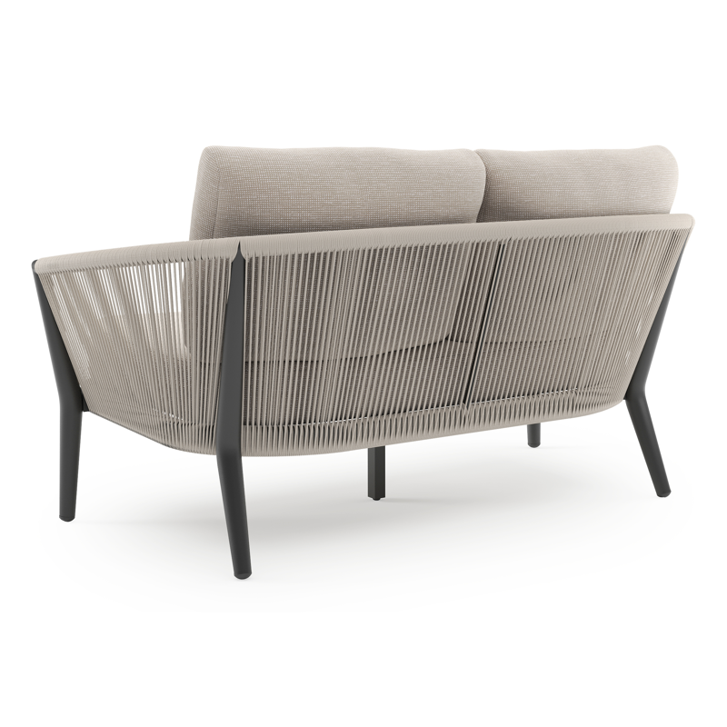 Canapé de jardin Orso en aluminium noir en corde ronde tissée verticalement beige et coussins en all weather sunbrella® luxe Slow Farafra