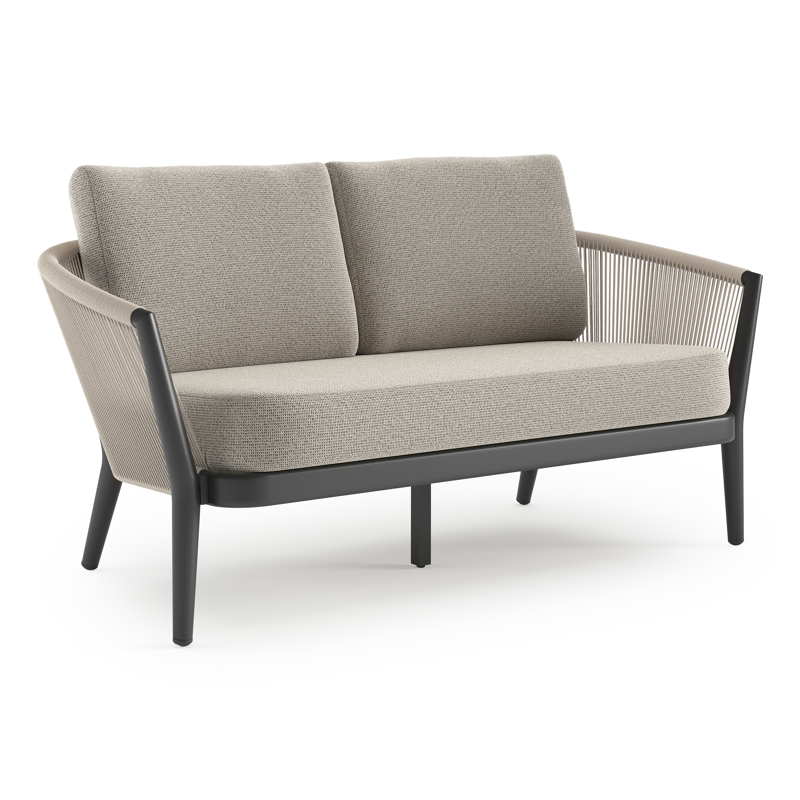 Orso loungebank in zwart aluminium en beige verticaal geweven ronde rope met Firenze Sand all weather solica kussen