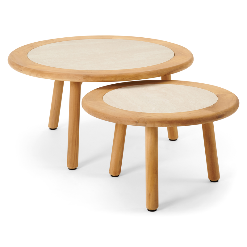 Tables basses Gardo en teck et céramique pleine beige - Diam. 80/60 x Haut. 37/31 cm