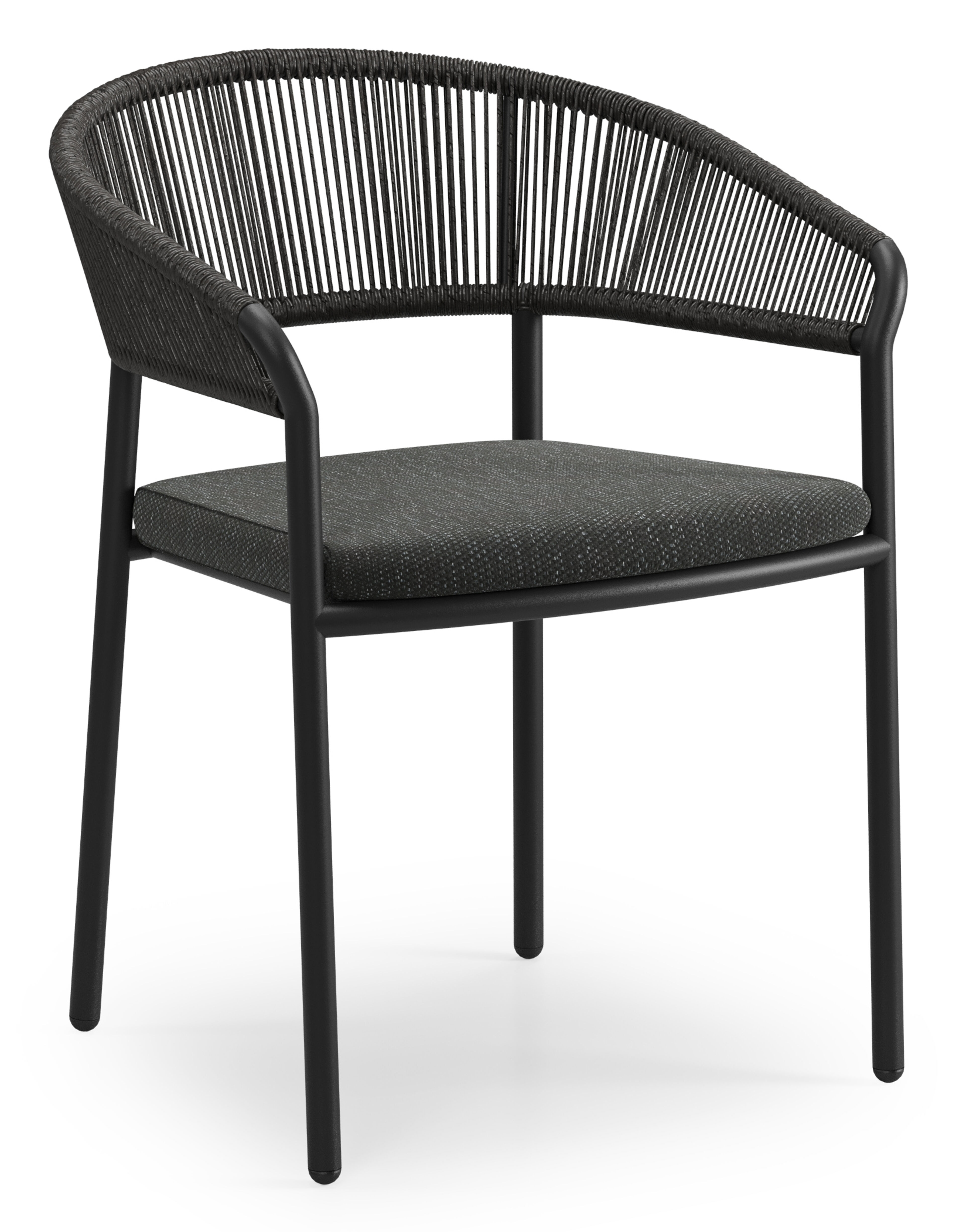 Zamora tuinstoel in zwart aluminium en gedraaide ronde wicker met kussen in sky black weather+ softtouch