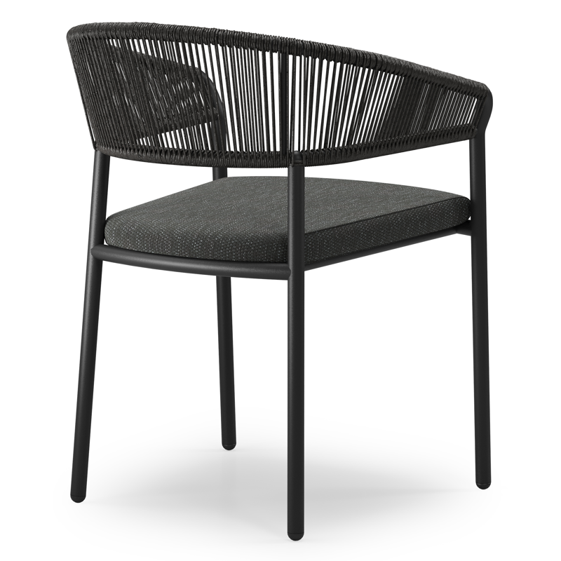 Zamora tuinstoel in zwart aluminium en gedraaide ronde wicker met kussen in sky black All Weather Olefin