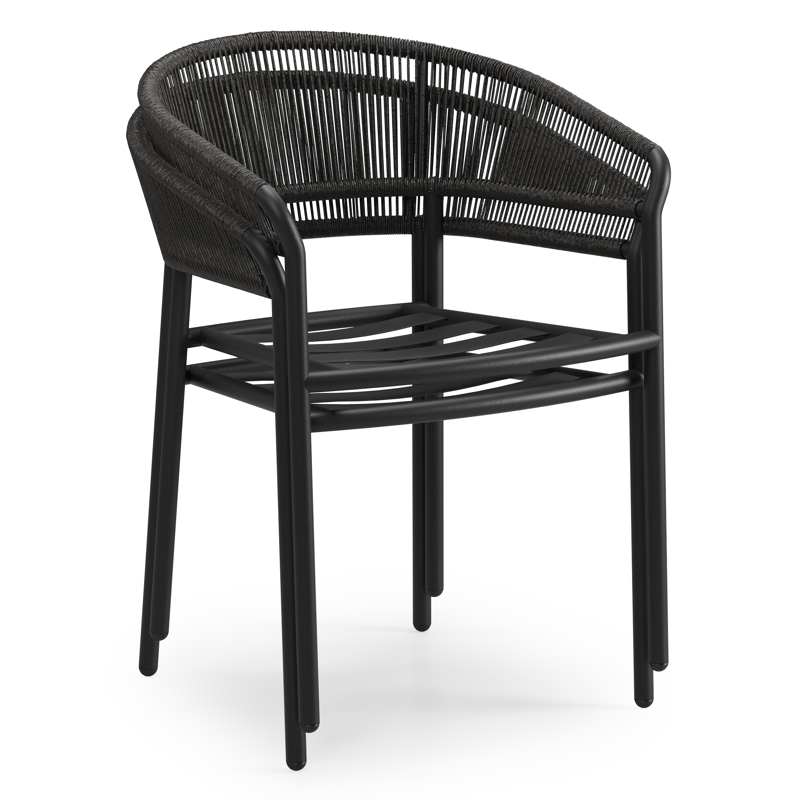 Zamora tuinstoel in zwart aluminium en gedraaide ronde wicker met kussen in sky black All Weather Olefin