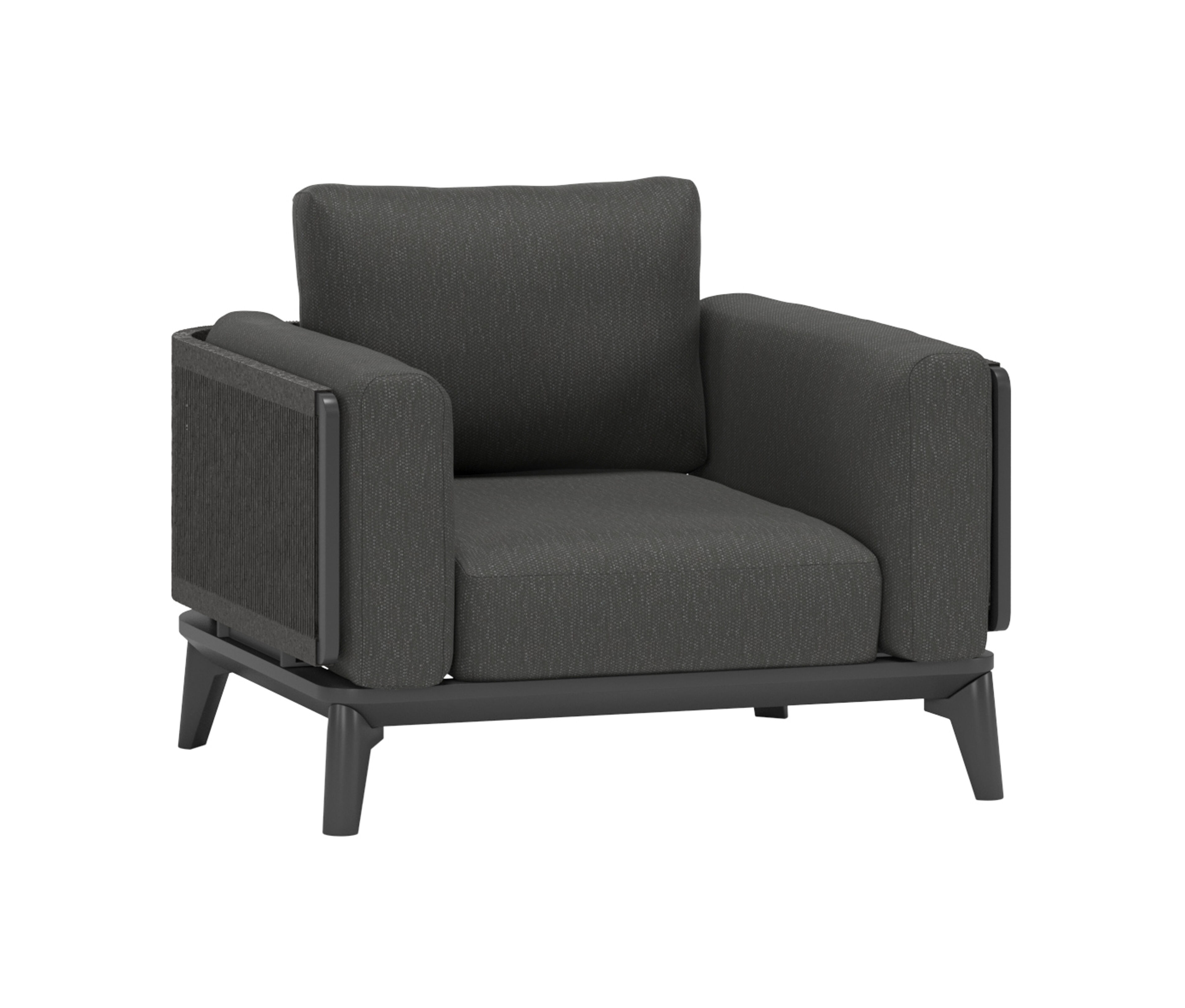 Mosa loungestoel 1-zit in zwart aluminium en zwart gedraaide ronde wicker met sky black kussen