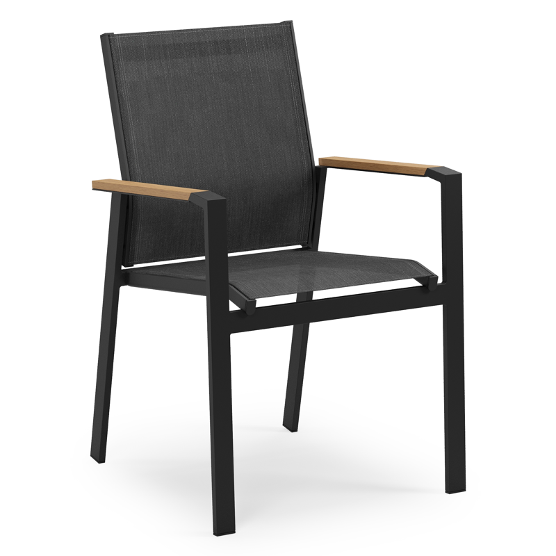 Bahia tuinstoel in zwart aluminium en zwart textilene en polywood armleuning