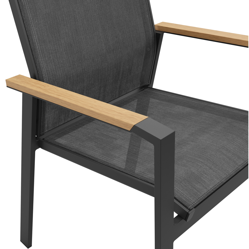 Bahia tuinstoel in zwart aluminium en zwart textilene en polywood armleuning