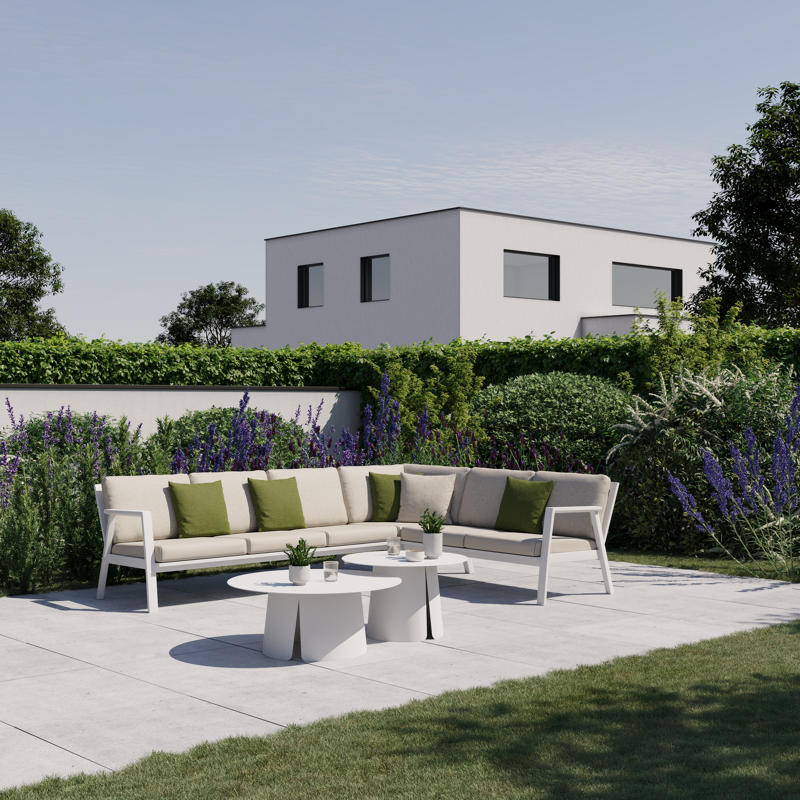 Salon de jardin d'angle Avila en aluminium blanc et coussins en weather+ softtouch beige